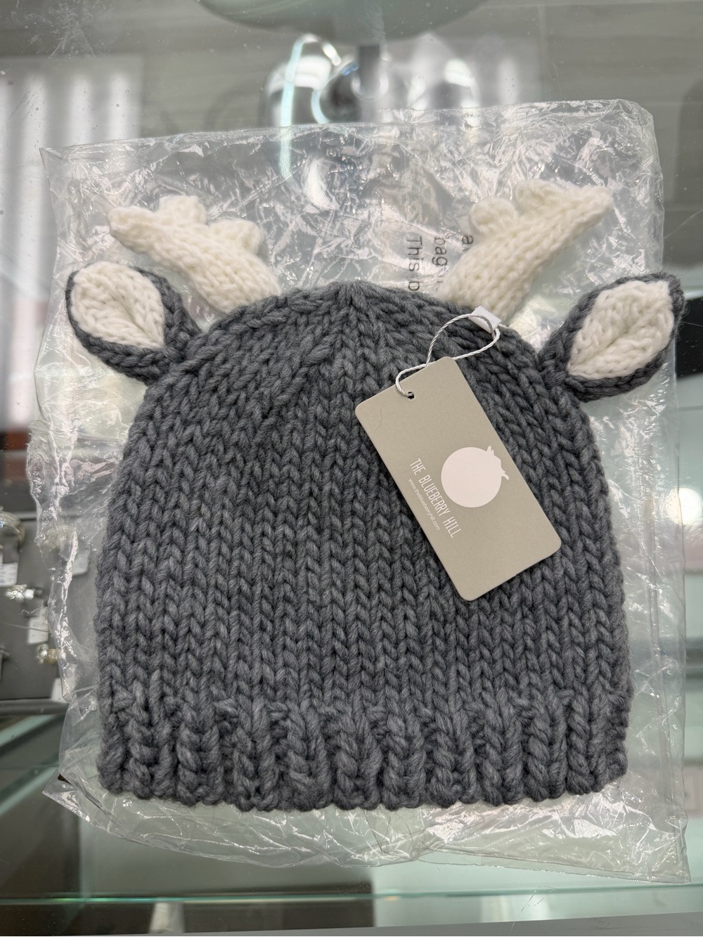 Cozy Gray Knit Kids Beanie with Cream Antlers - The Blueberry Hill
